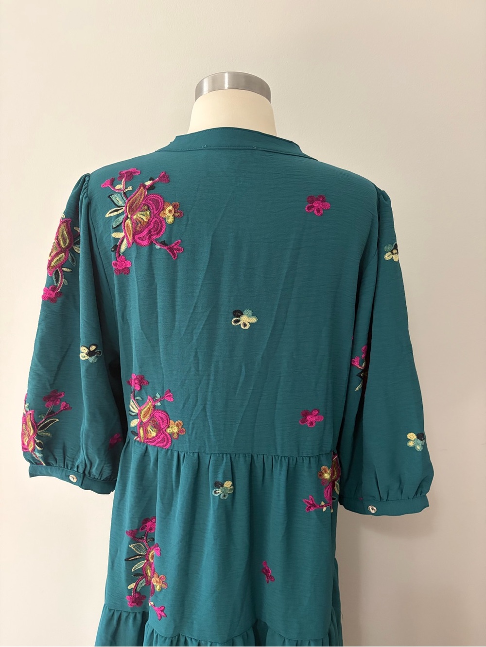 Fig & Flower Teal Floral Embroidered Tiered Midi Dress M- Boho Cottagecore - Picture 8 of 10